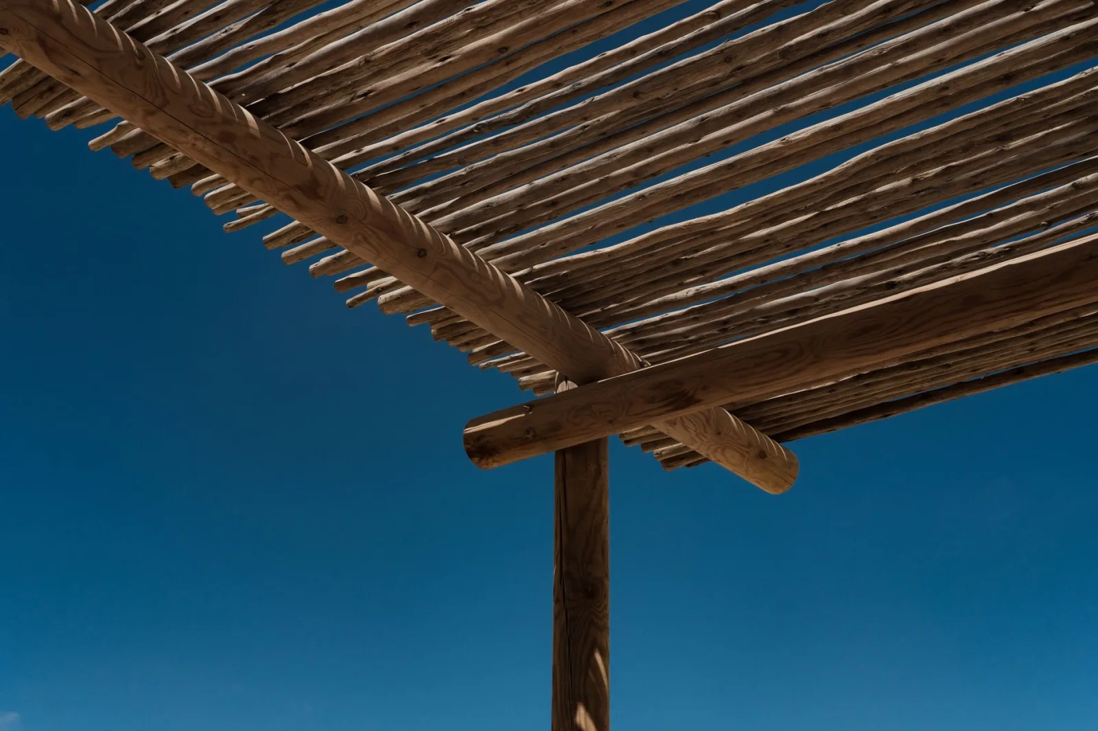 Pérgola de madeira sendo construída em jardim residencial
